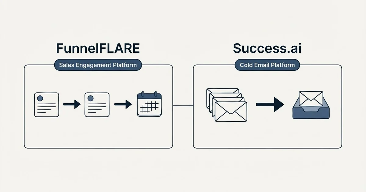 Side-by-side panels: FunnelFLARE vs Success.ai (Sales Engagement Platform, Cold Email Platform)