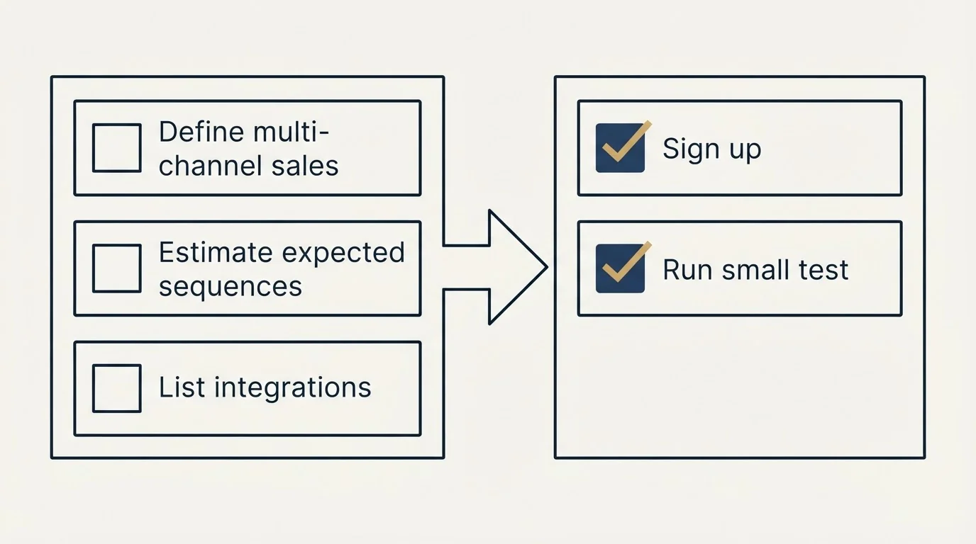 Before-and-after steps: Getting Started Checklist (Define multi-channel sales, Estimate expected sequences, List integrations, Sign up)