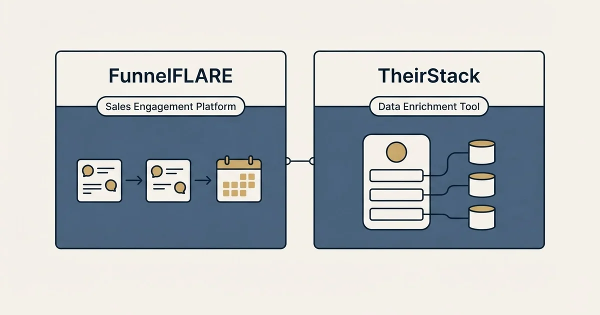Side-by-side panels: FunnelFLARE vs TheirStack (Sales Engagement Platform, Data Enrichment Tool)