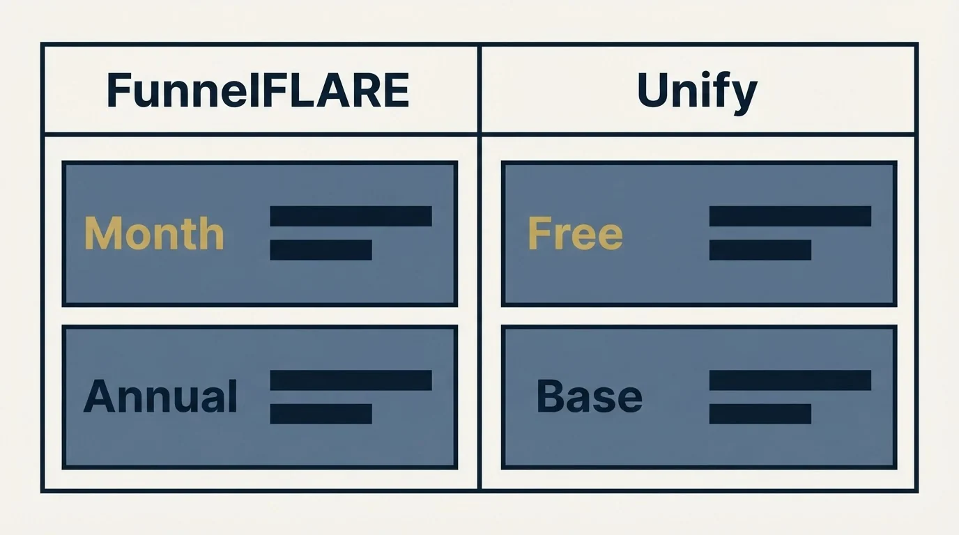 Pricing table: Pricing Comparison (FunnelFLARE, Unify, Month, Free)