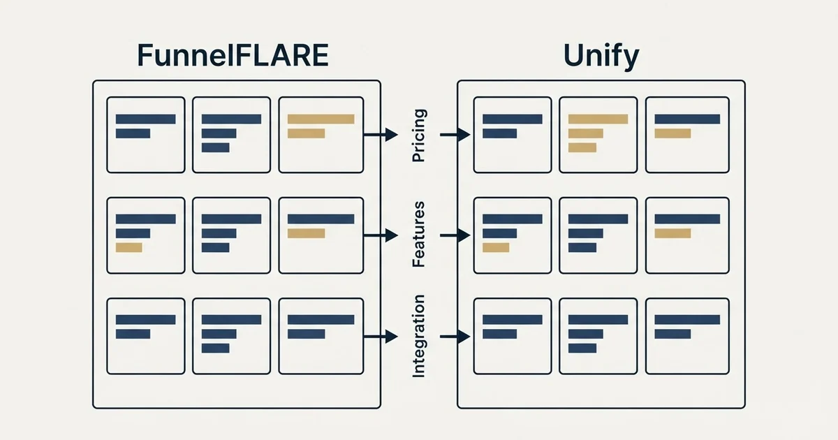 Comparison panel: FunnelFLARE vs Unify (Pricing, Features, Integration)