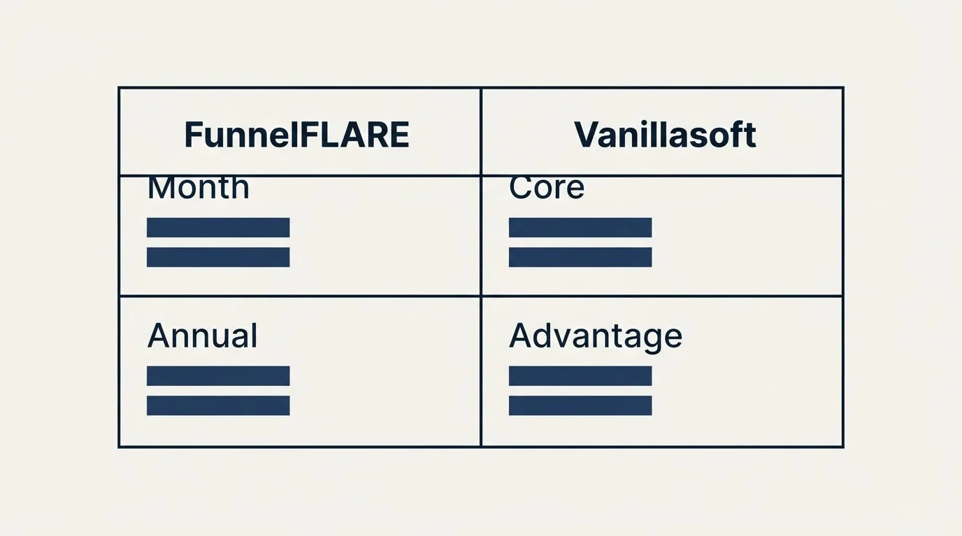 Pricing table: Pricing Comparison (FunnelFLARE, Vanillasoft, Month, Core)
