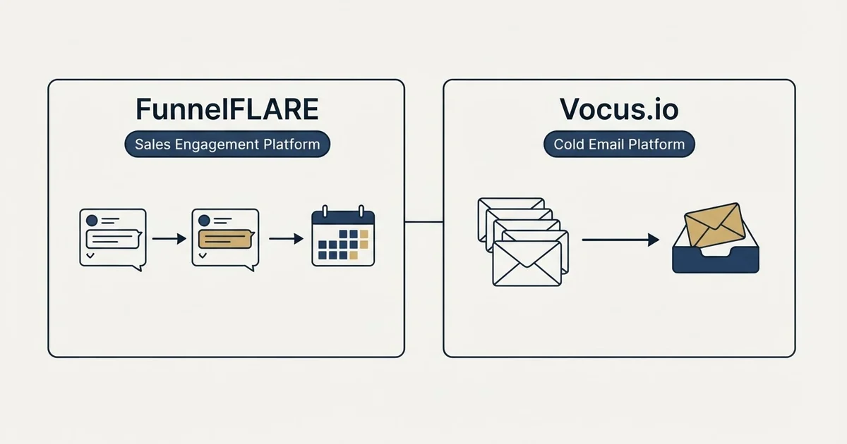 Side-by-side panels: FunnelFLARE vs Vocus.io (Sales Engagement Platform, Cold Email Platform)