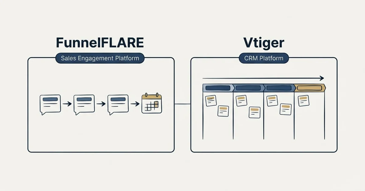 Side-by-side panels: FunnelFLARE vs Vtiger (Sales Engagement Platform, CRM Platform)