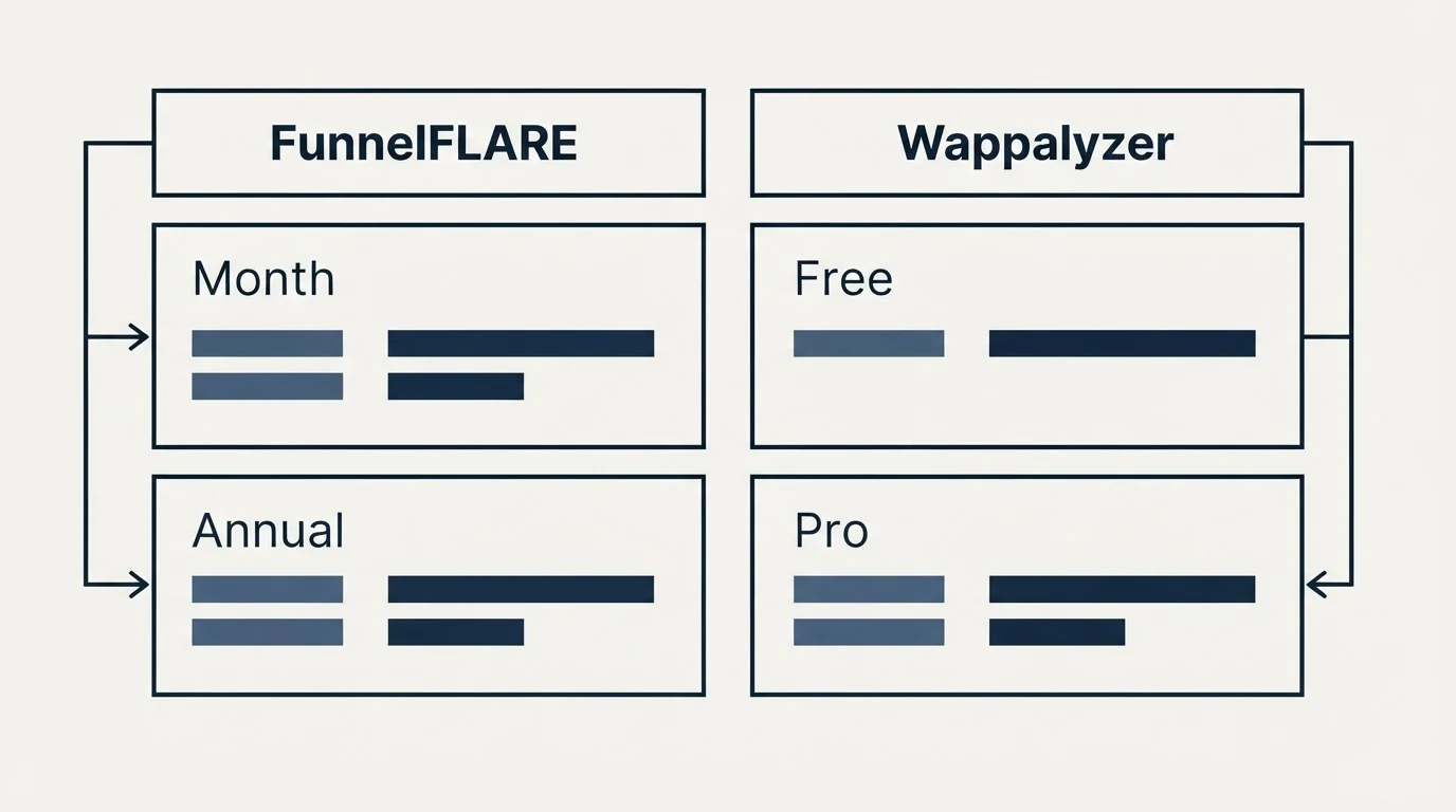 Pricing table: Pricing Comparison (FunnelFLARE, Wappalyzer, Month, Free)