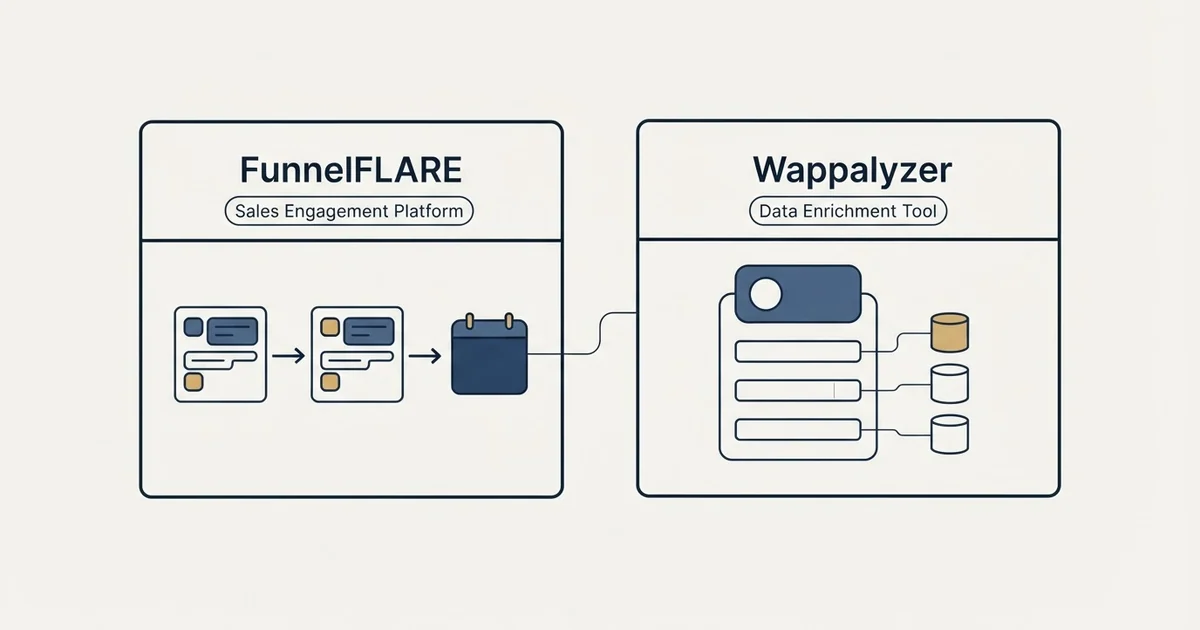Side-by-side panels: FunnelFLARE vs Wappalyzer (Sales Engagement Platform, Data Enrichment Tool)