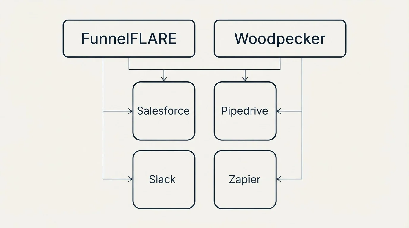 Integration grid: Integration Ecosystem (FunnelFLARE, Woodpecker, Salesforce, Pipedrive)