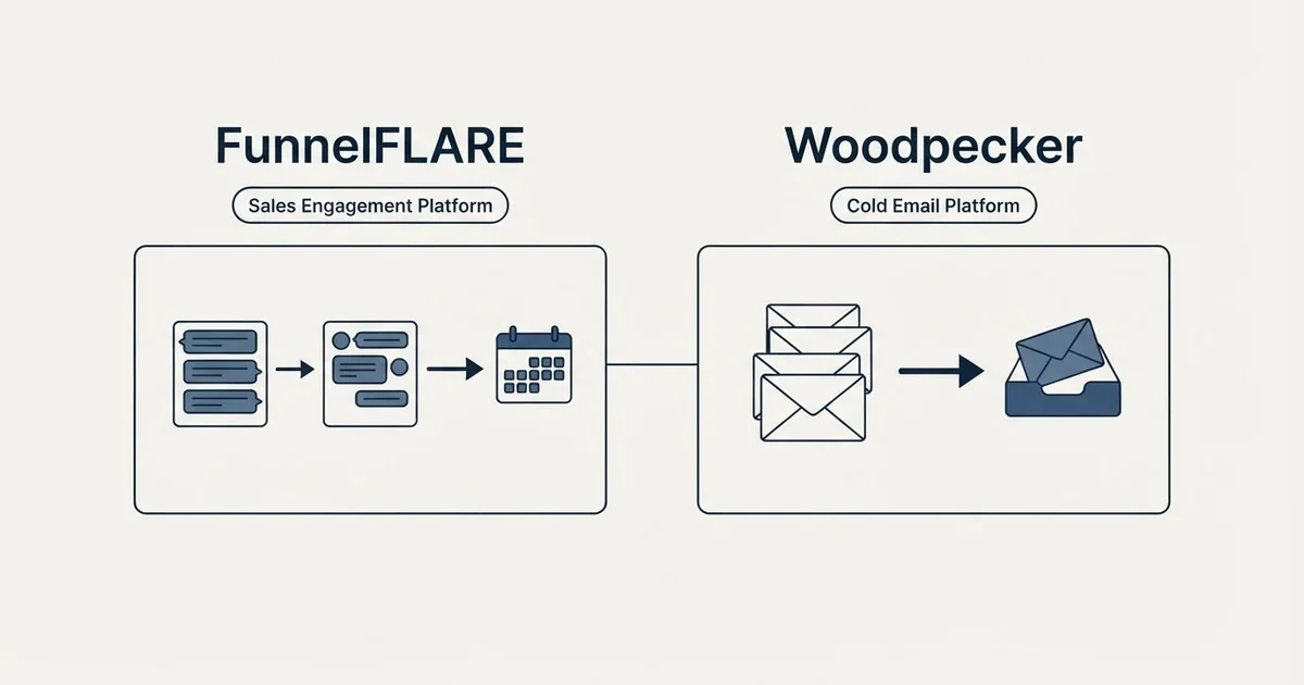 Side-by-side panels: FunnelFLARE vs Woodpecker (Sales Engagement Platform, Cold Email Platform)