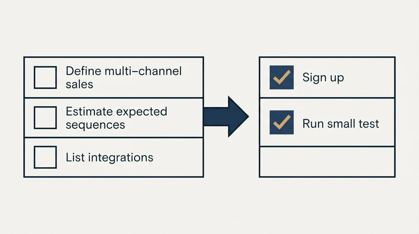Before-and-after steps: Getting Started Checklist (Define multi-channel sales, Estimate expected sequences, List integrations, Sign up)