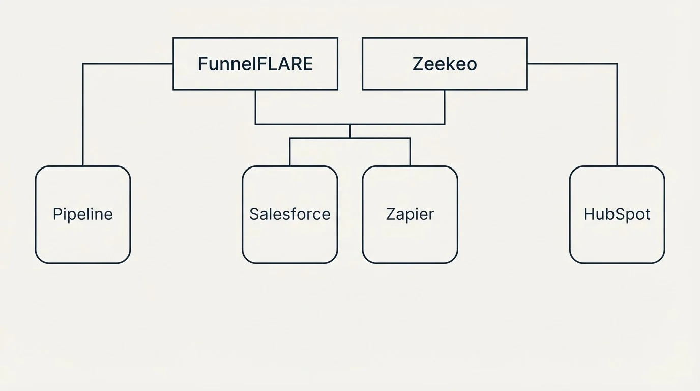 Integration grid: Integration Ecosystem (FunnelFLARE, Zeekeo, Salesforce, Zapier)