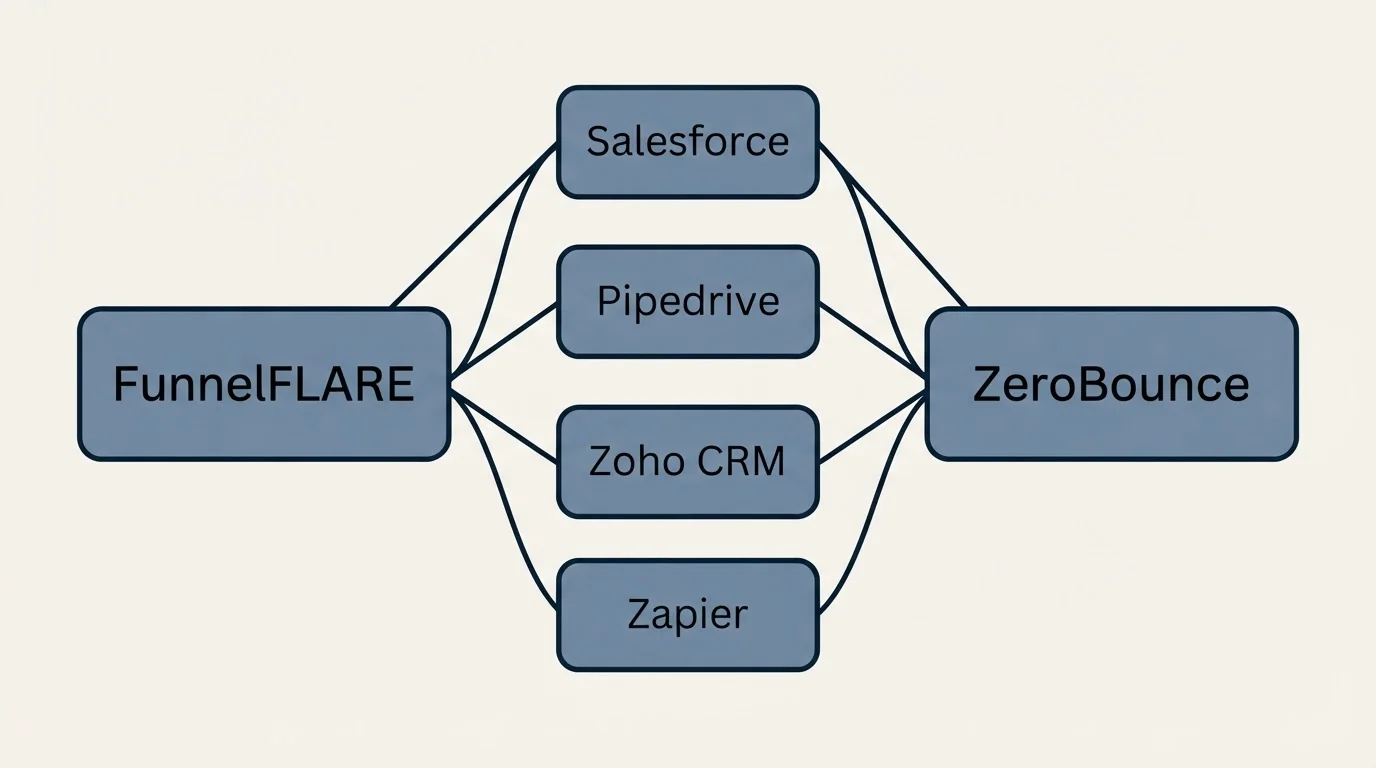 Integration schematic: Integration Ecosystem (FunnelFLARE, ZeroBounce, Salesforce, Pipedrive)