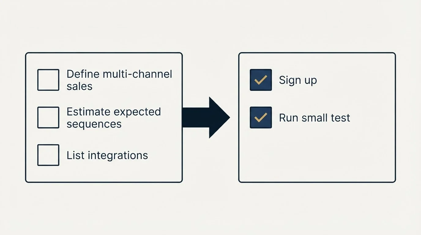 Before-and-after steps: Getting Started Checklist (Define multi-channel sales, Estimate expected sequences, List integrations, Sign up)