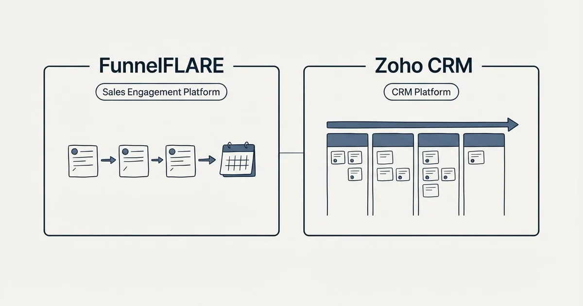 Side-by-side panels: FunnelFLARE vs Zoho CRM (Sales Engagement Platform, CRM Platform)