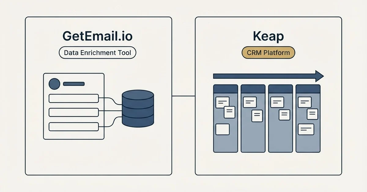 Side-by-side panels: GetEmail.io vs Keap (Data Enrichment Tool, CRM Platform)