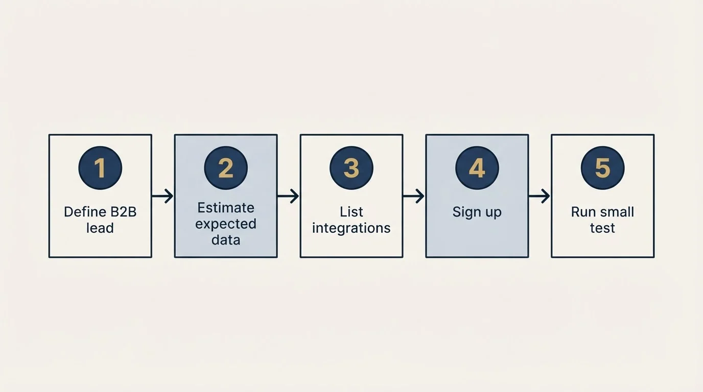 Step sequence: Getting Started Checklist (Define B2B lead, Estimate expected data, List integrations, Sign up)
