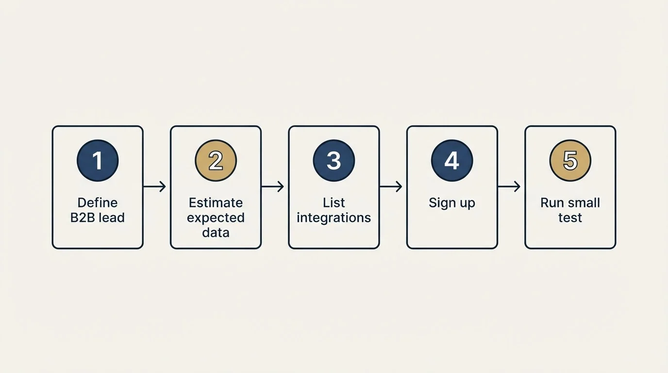 Step sequence: Getting Started Checklist (Define B2B lead, Estimate expected data, List integrations, Sign up)