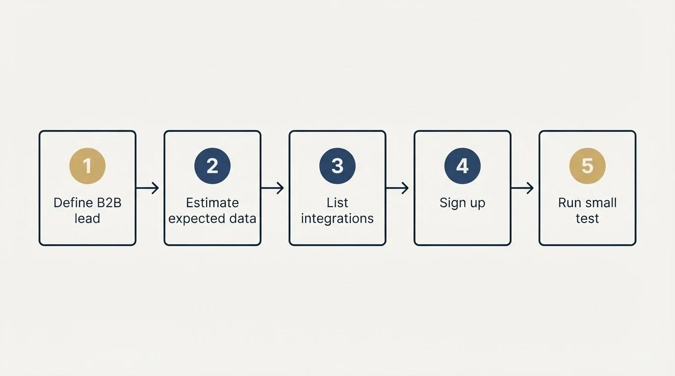 Step sequence: Getting Started Checklist (Define B2B lead, Estimate expected data, List integrations, Sign up)