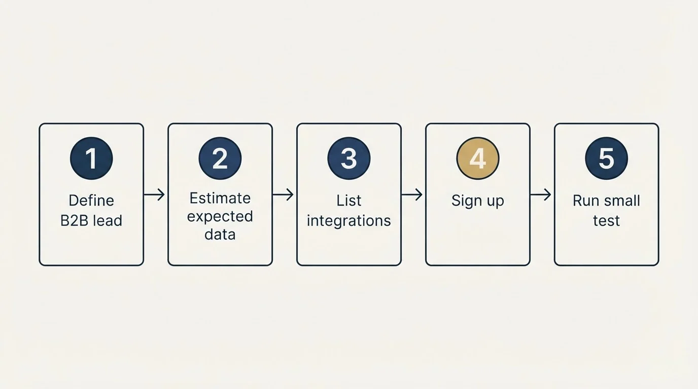 Step sequence: Getting Started Checklist (Define B2B lead, Estimate expected data, List integrations, Sign up)