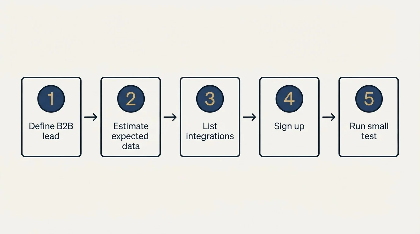 Step sequence: Getting Started Checklist (Define B2B lead, Estimate expected data, List integrations, Sign up)