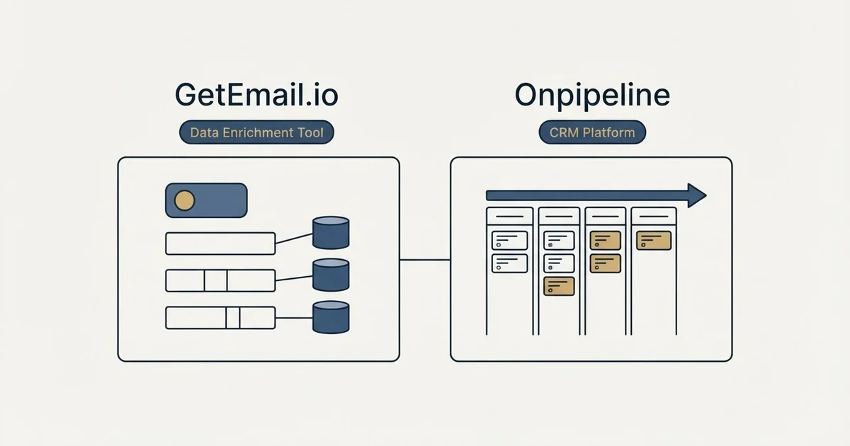Side-by-side panels: GetEmail.io vs Onpipeline (Data Enrichment Tool, CRM Platform)