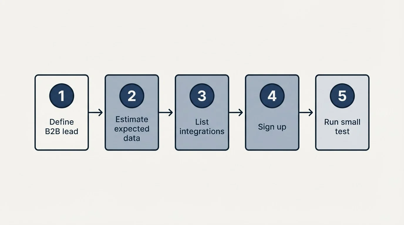 Step sequence: Getting Started Checklist (Define B2B lead, Estimate expected data, List integrations, Sign up)