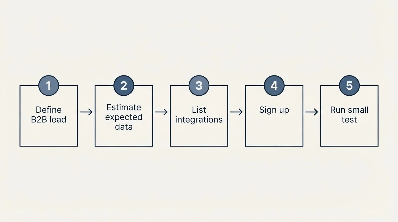 Step sequence: Getting Started Checklist (Define B2B lead, Estimate expected data, List integrations, Sign up)