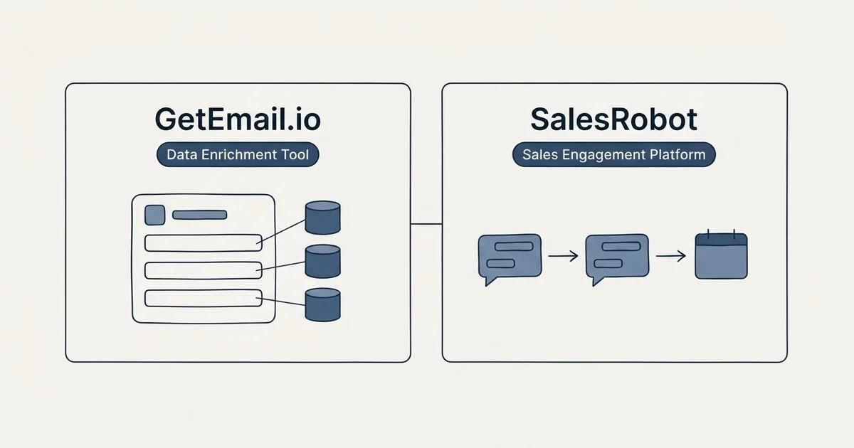 Side-by-side panels: GetEmail.io vs SalesRobot (Data Enrichment Tool, Sales Engagement Platform)