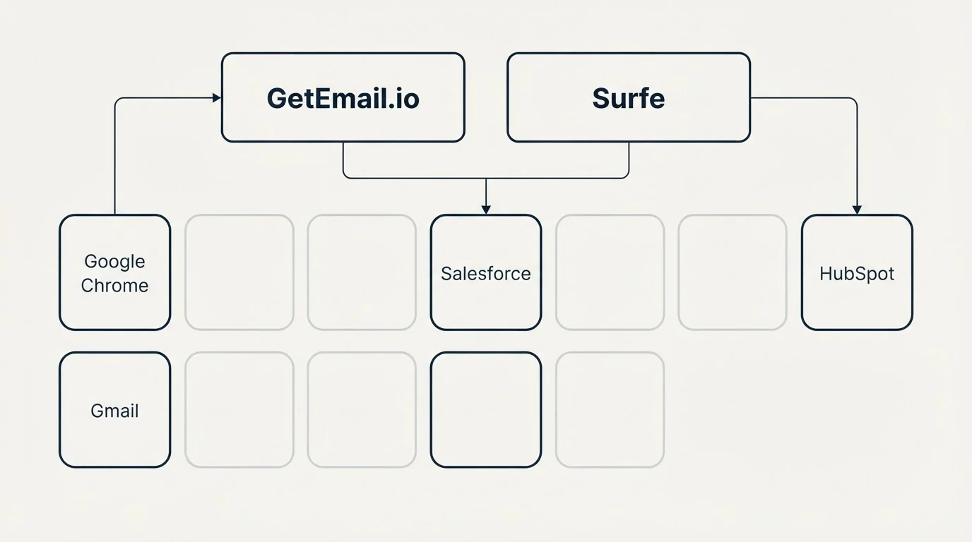 Integration grid: Integration Ecosystem (GetEmail.io, Surfe, Salesforce, Google Chrome)
