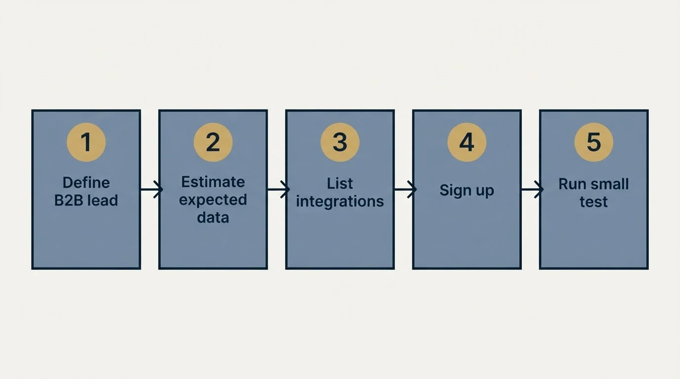 Step sequence: Getting Started Checklist (Define B2B lead, Estimate expected data, List integrations, Sign up)