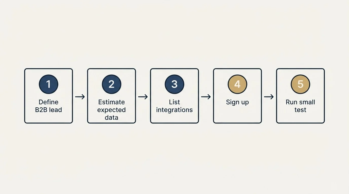 Step sequence: Getting Started Checklist (Define B2B lead, Estimate expected data, List integrations, Sign up)