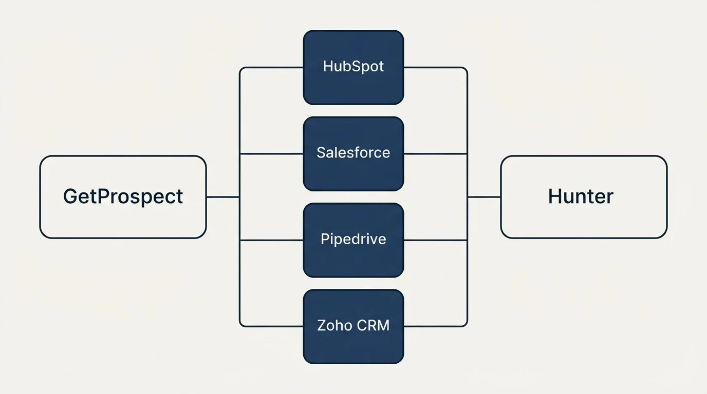 Integration flow: Integration Ecosystem (GetProspect, Hunter, HubSpot, Salesforce)