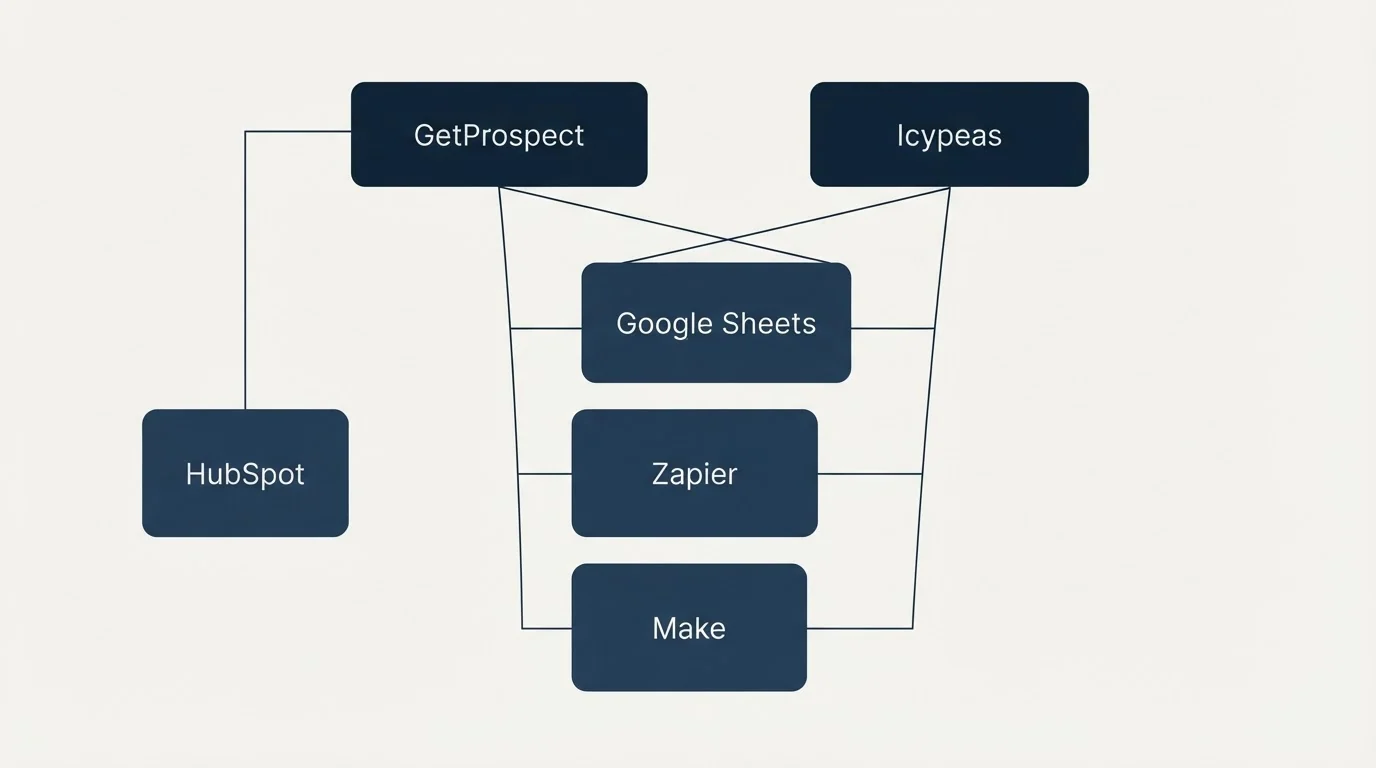 Integration grid: Integration Ecosystem (GetProspect, Icypeas, Google Sheets, Zapier)