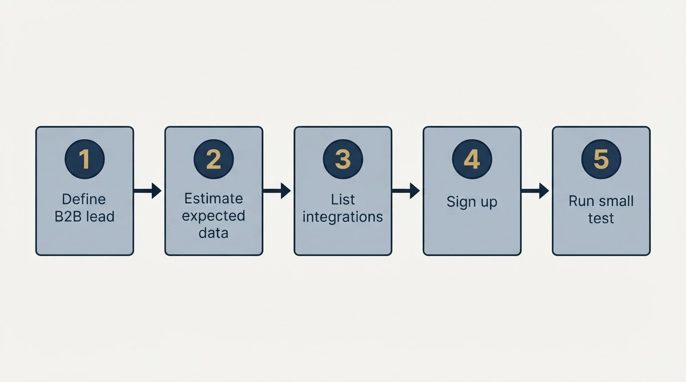 Step sequence: Getting Started Checklist (Define B2B lead, Estimate expected data, List integrations, Sign up)