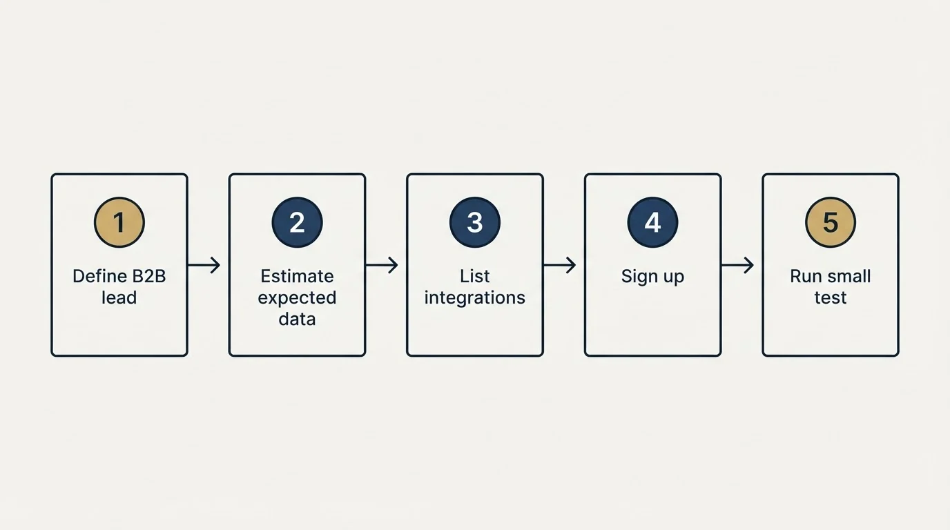 Step sequence: Getting Started Checklist (Define B2B lead, Estimate expected data, List integrations, Sign up)