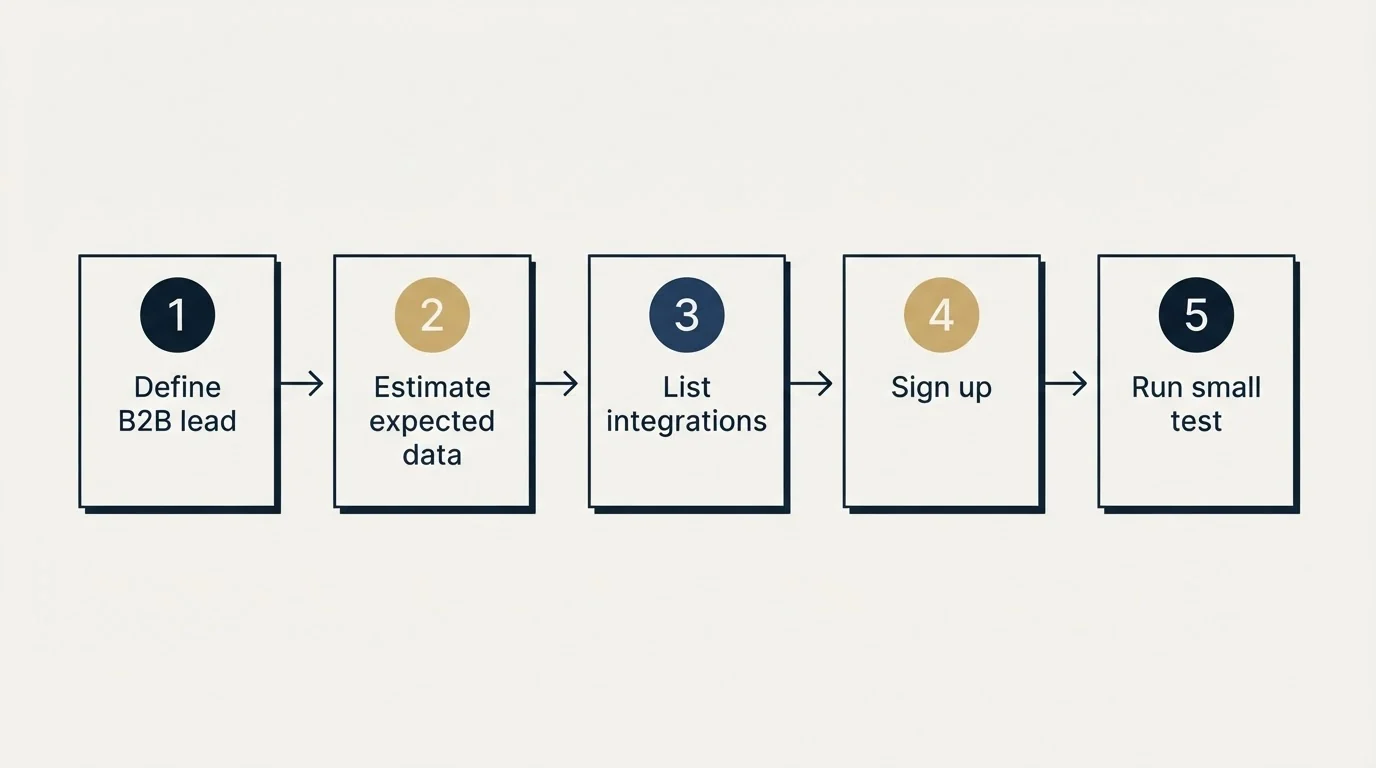 Step sequence: Getting Started Checklist (Define B2B lead, Estimate expected data, List integrations, Sign up)