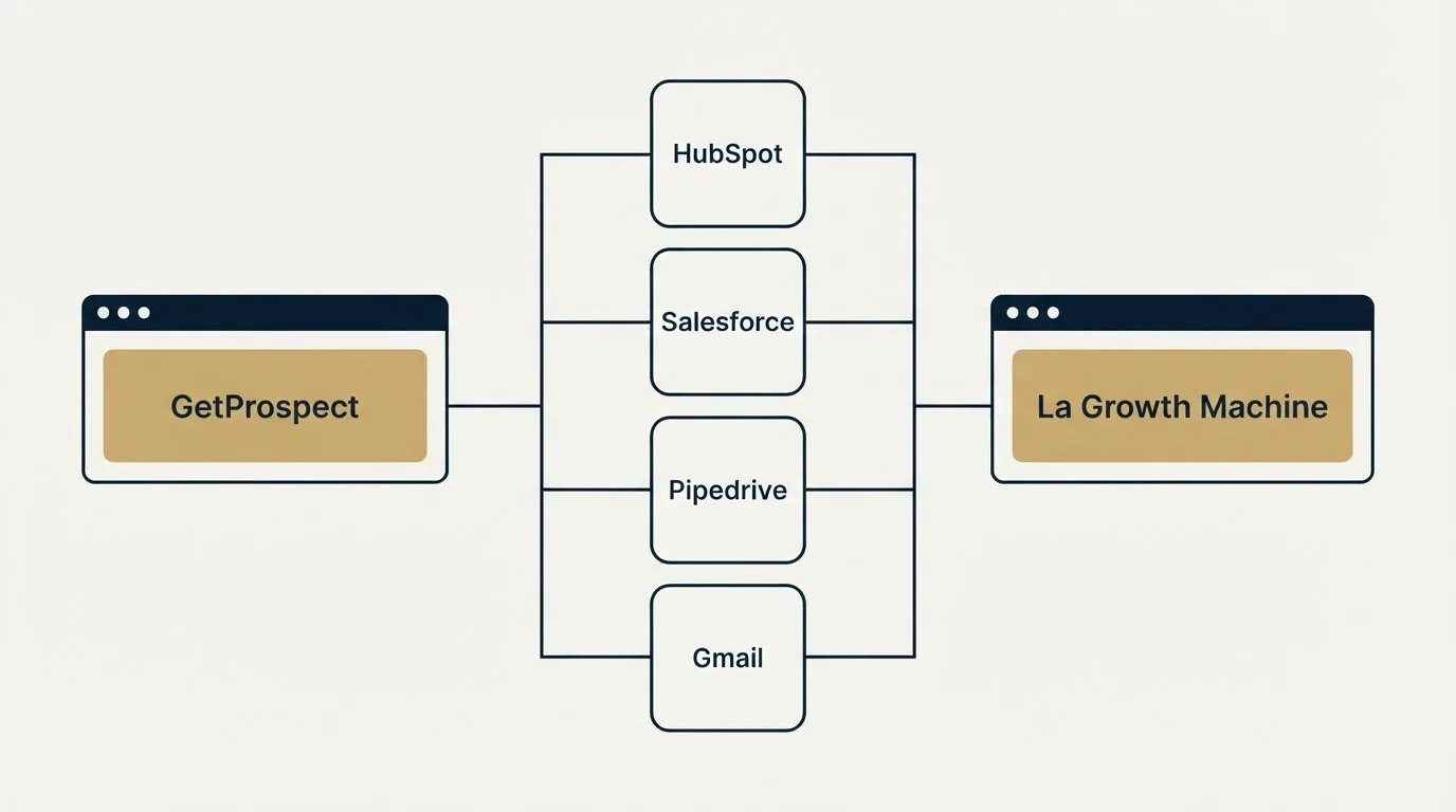 Integration flow: Integration Ecosystem (GetProspect, La Growth Machine, HubSpot, Salesforce)
