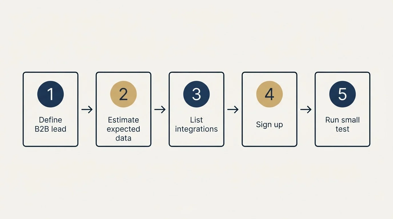 Step sequence: Getting Started Checklist (Define B2B lead, Estimate expected data, List integrations, Sign up)