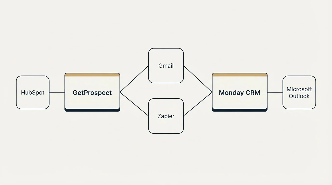 Integration schematic: Integration Ecosystem (GetProspect, Monday CRM, Gmail, Zapier)