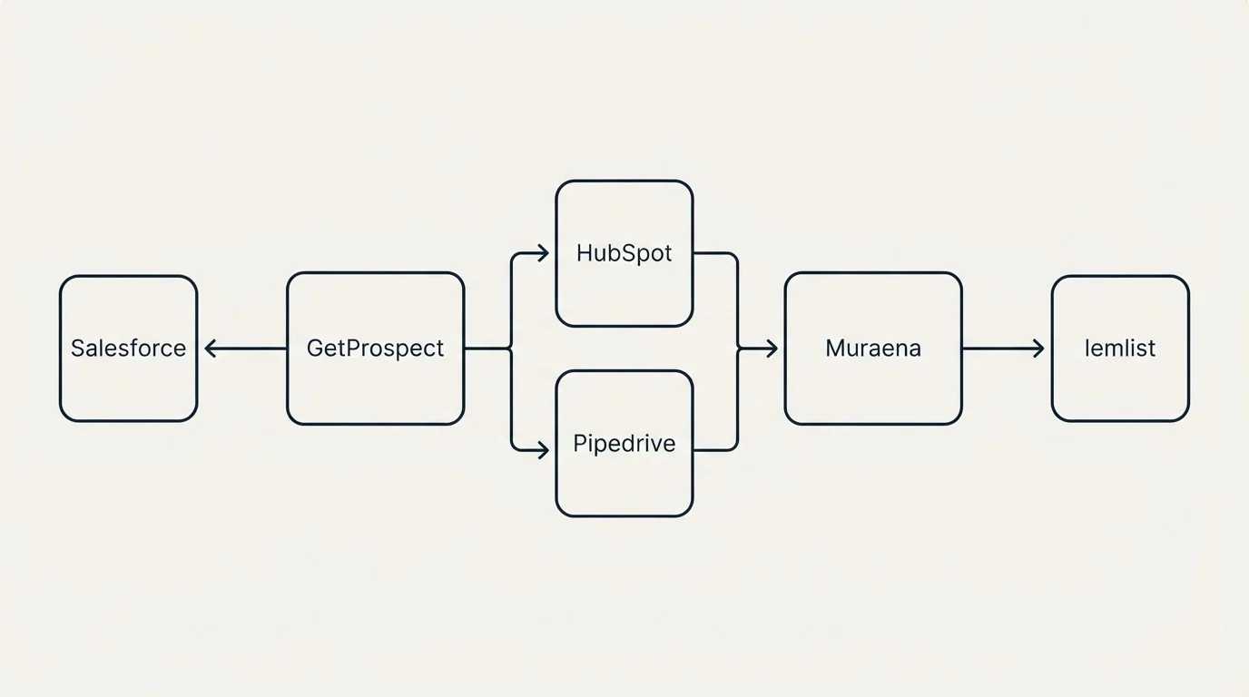 Integration flow: Integration Ecosystem (GetProspect, Muraena, HubSpot, Pipedrive)