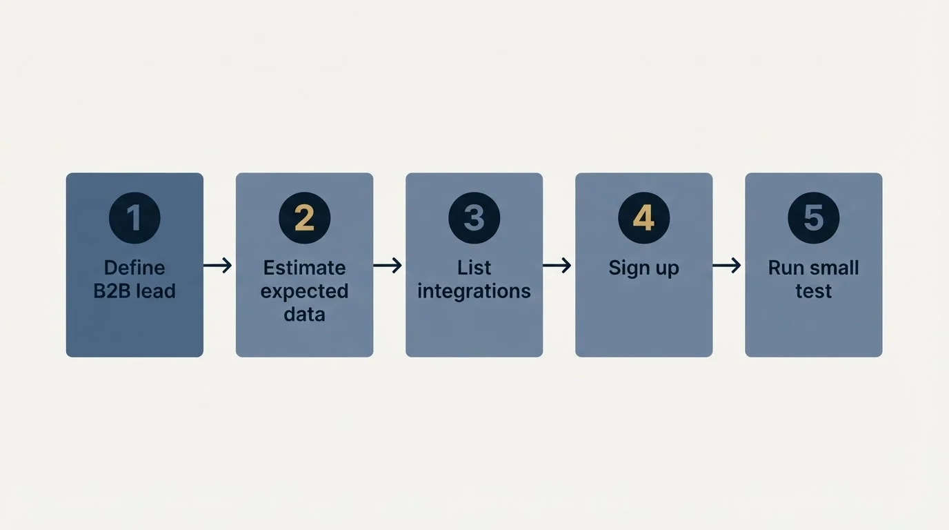 Step sequence: Getting Started Checklist (Define B2B lead, Estimate expected data, List integrations, Sign up)