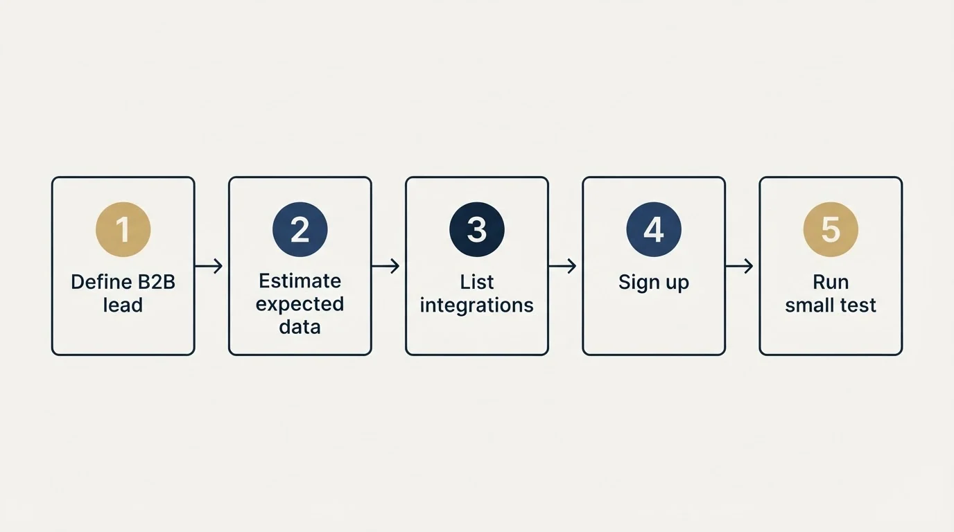 Step sequence: Getting Started Checklist (Define B2B lead, Estimate expected data, List integrations, Sign up)