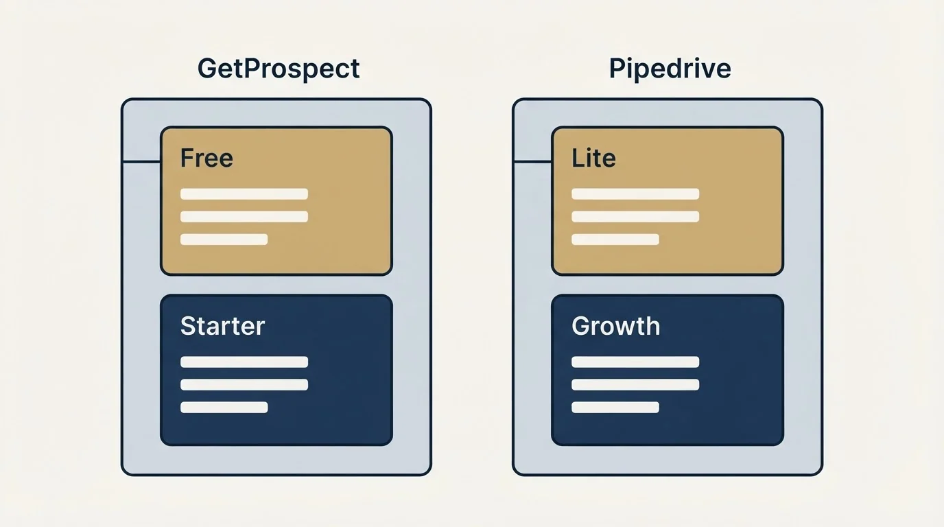 Pricing panels: Pricing Comparison (GetProspect, Pipedrive, Free, Lite)