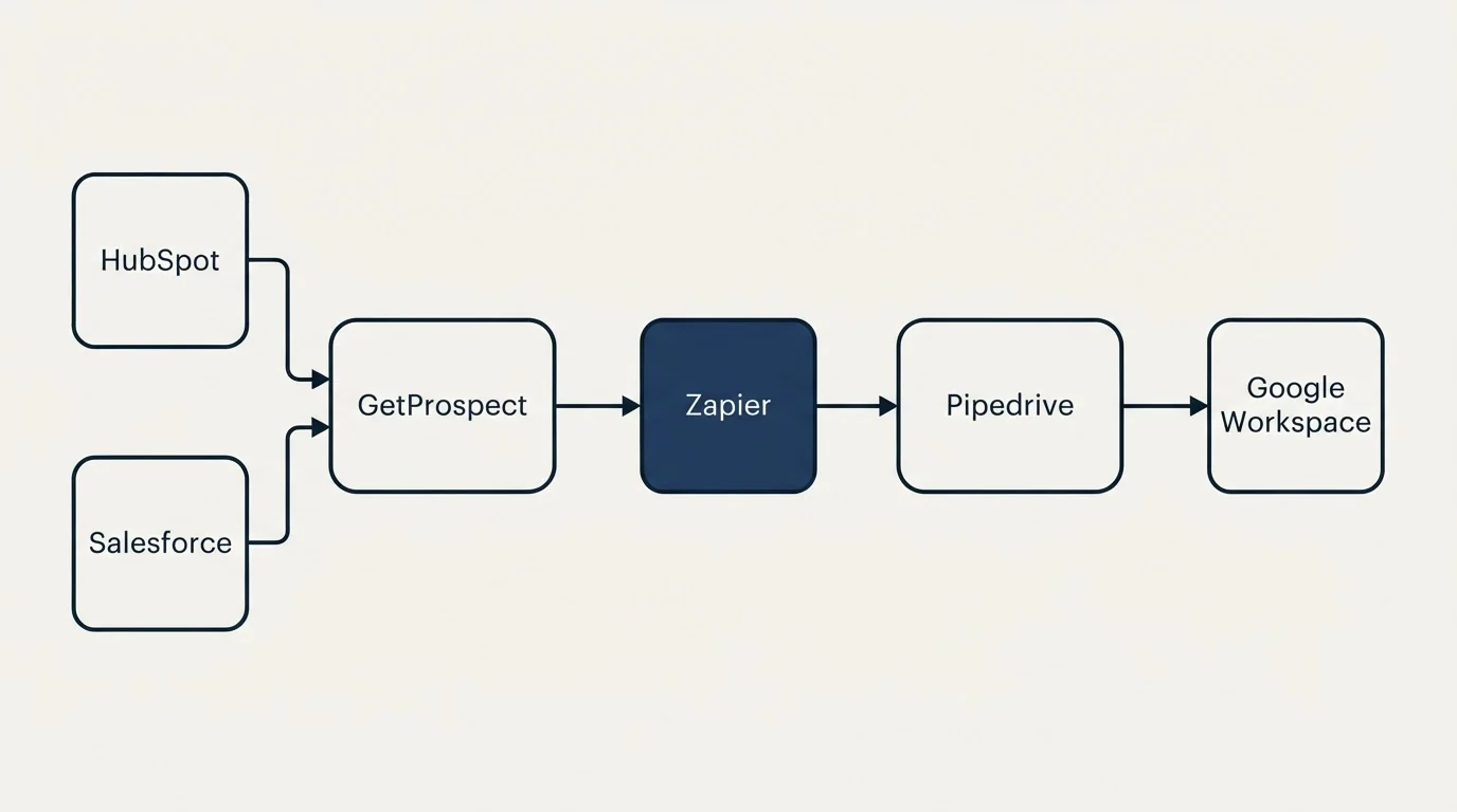 Integration flow: Integration Ecosystem (GetProspect, Pipedrive, Zapier, HubSpot)