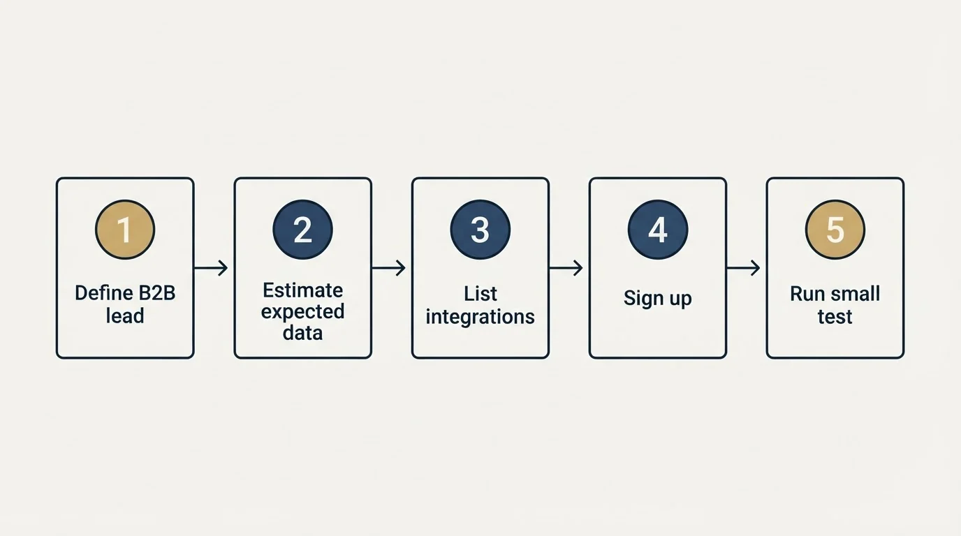 Step sequence: Getting Started Checklist (Define B2B lead, Estimate expected data, List integrations, Sign up)