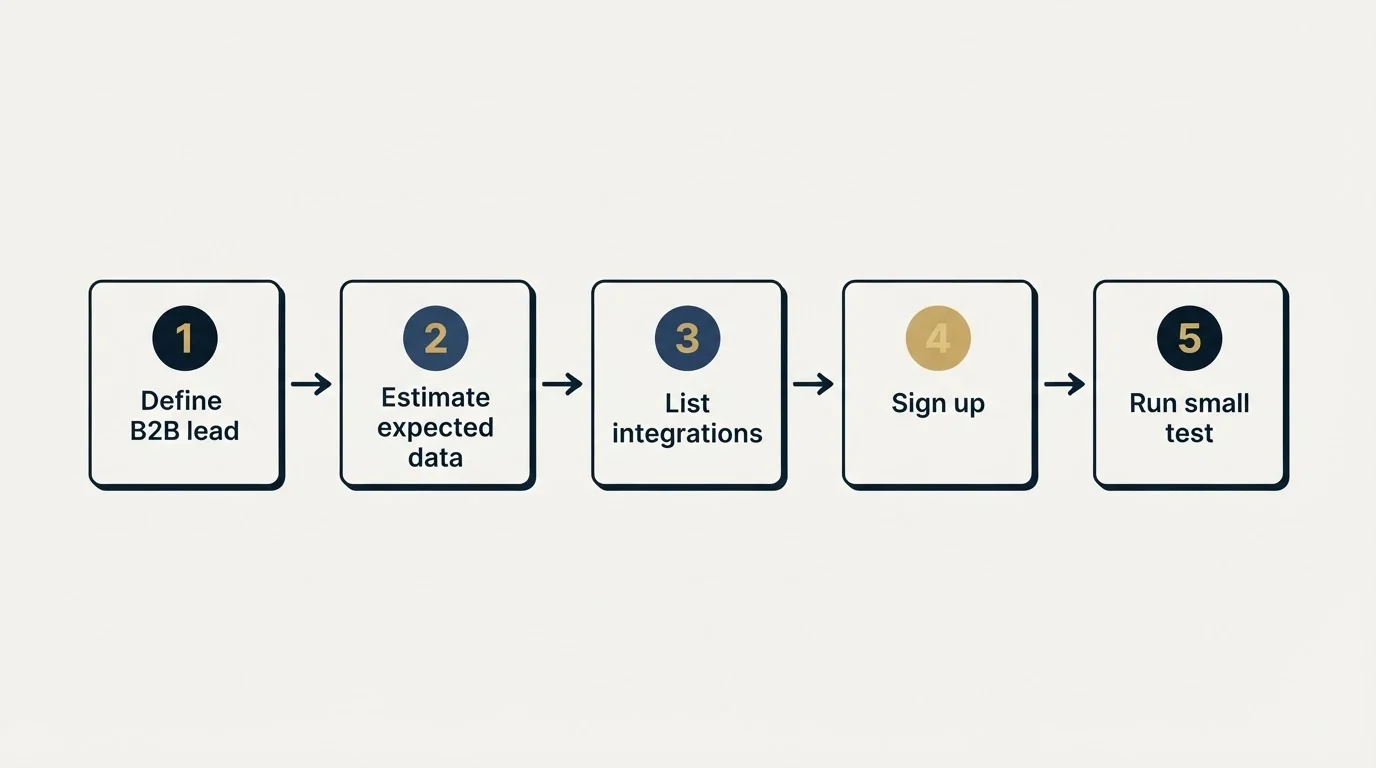 Step sequence: Getting Started Checklist (Define B2B lead, Estimate expected data, List integrations, Sign up)