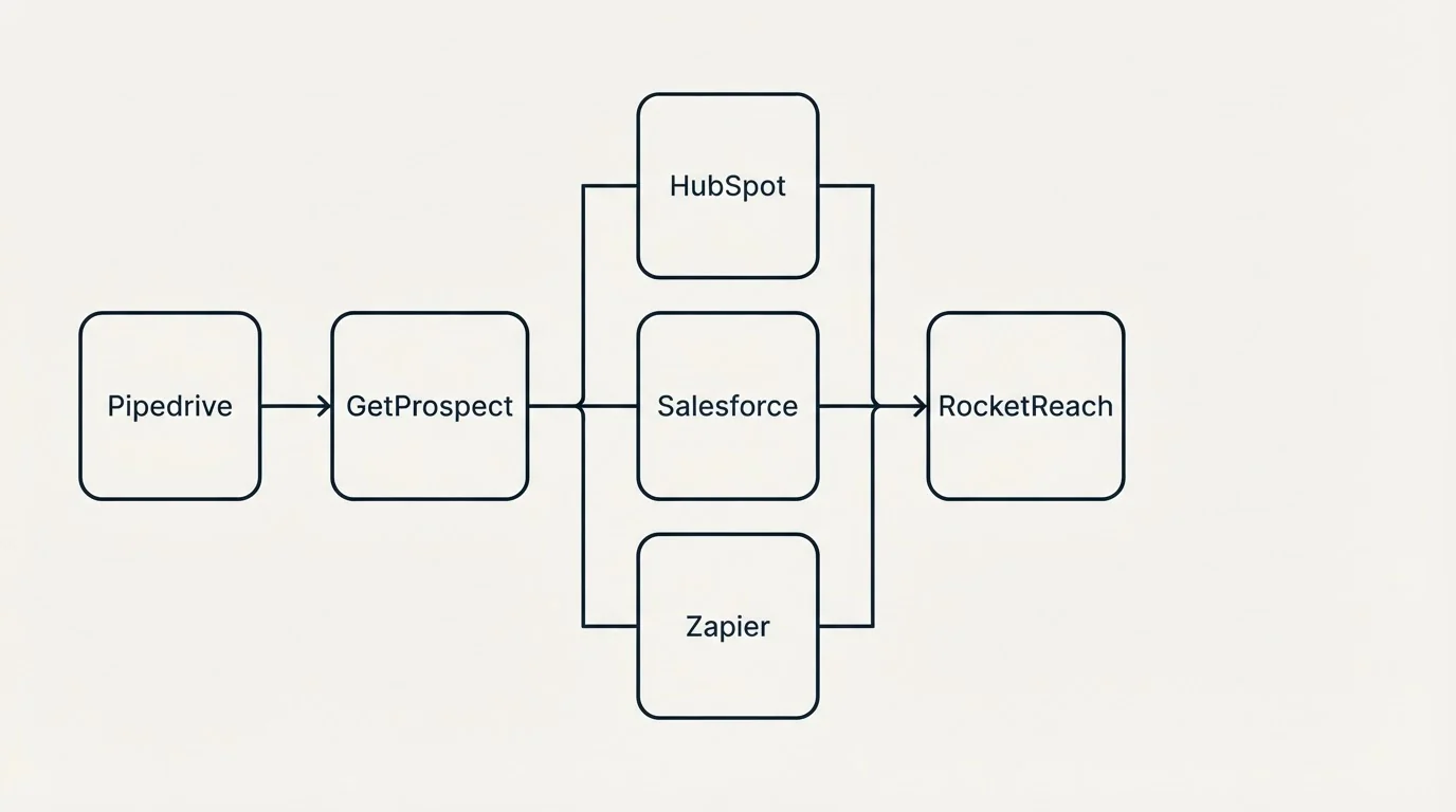 Integration flow: Integration Ecosystem (GetProspect, RocketReach, HubSpot, Salesforce)