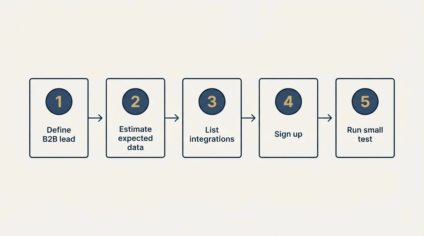 Step sequence: Getting Started Checklist (Define B2B lead, Estimate expected data, List integrations, Sign up)