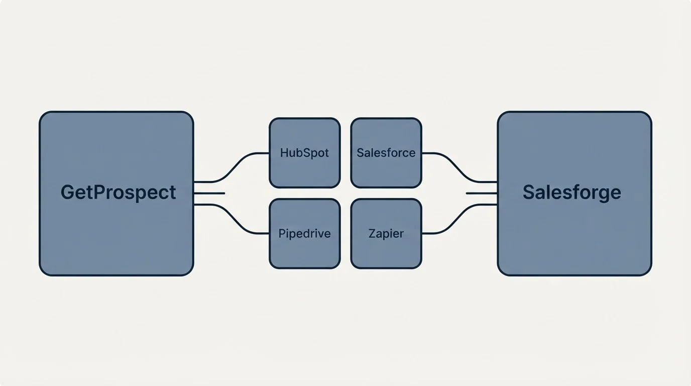 Integration schematic: Integration Ecosystem (GetProspect, Salesforge, HubSpot, Salesforce)