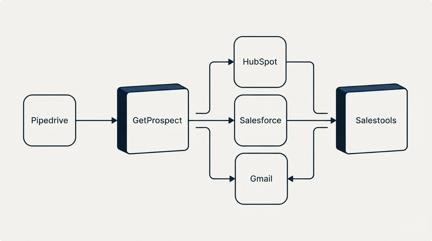 Integration flow: Integration Ecosystem (GetProspect, Salestools, HubSpot, Salesforce)