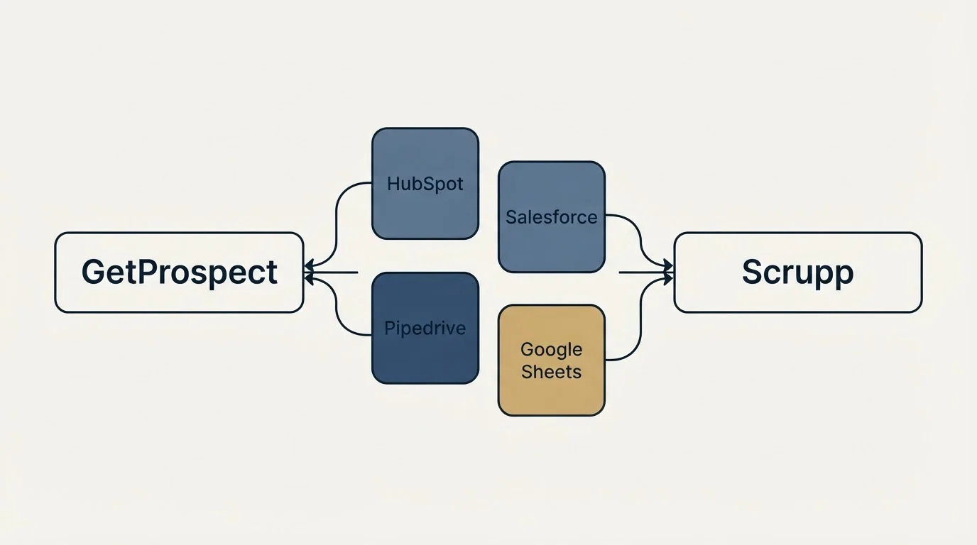 Integration schematic: Integration Ecosystem (GetProspect, Scrupp, HubSpot, Salesforce)
